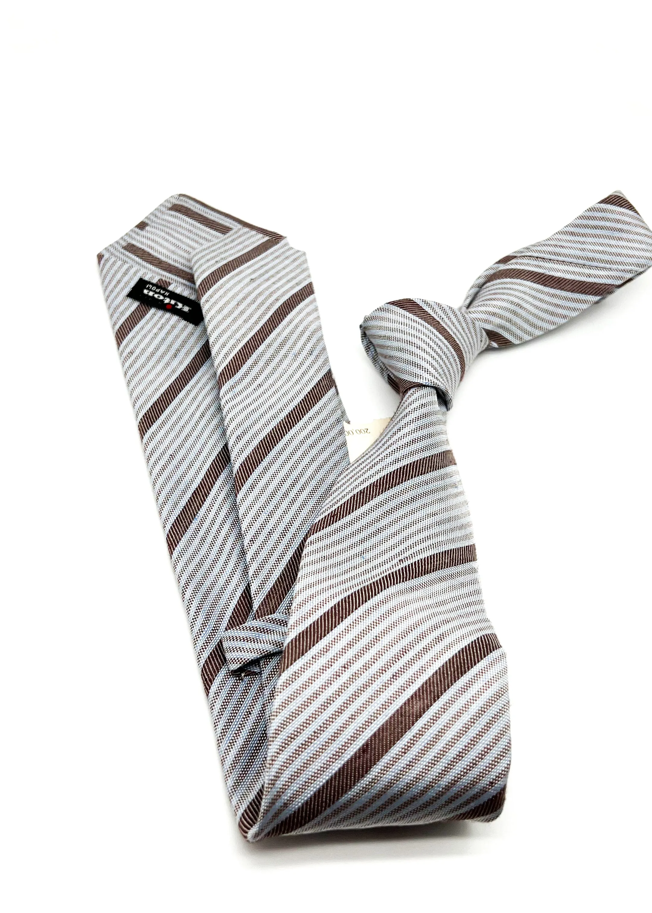 $285 KITON - NAPOLI *LINEN / SILK* Brown & Pastel Blue Alt Stripe 3.25" - Tie
