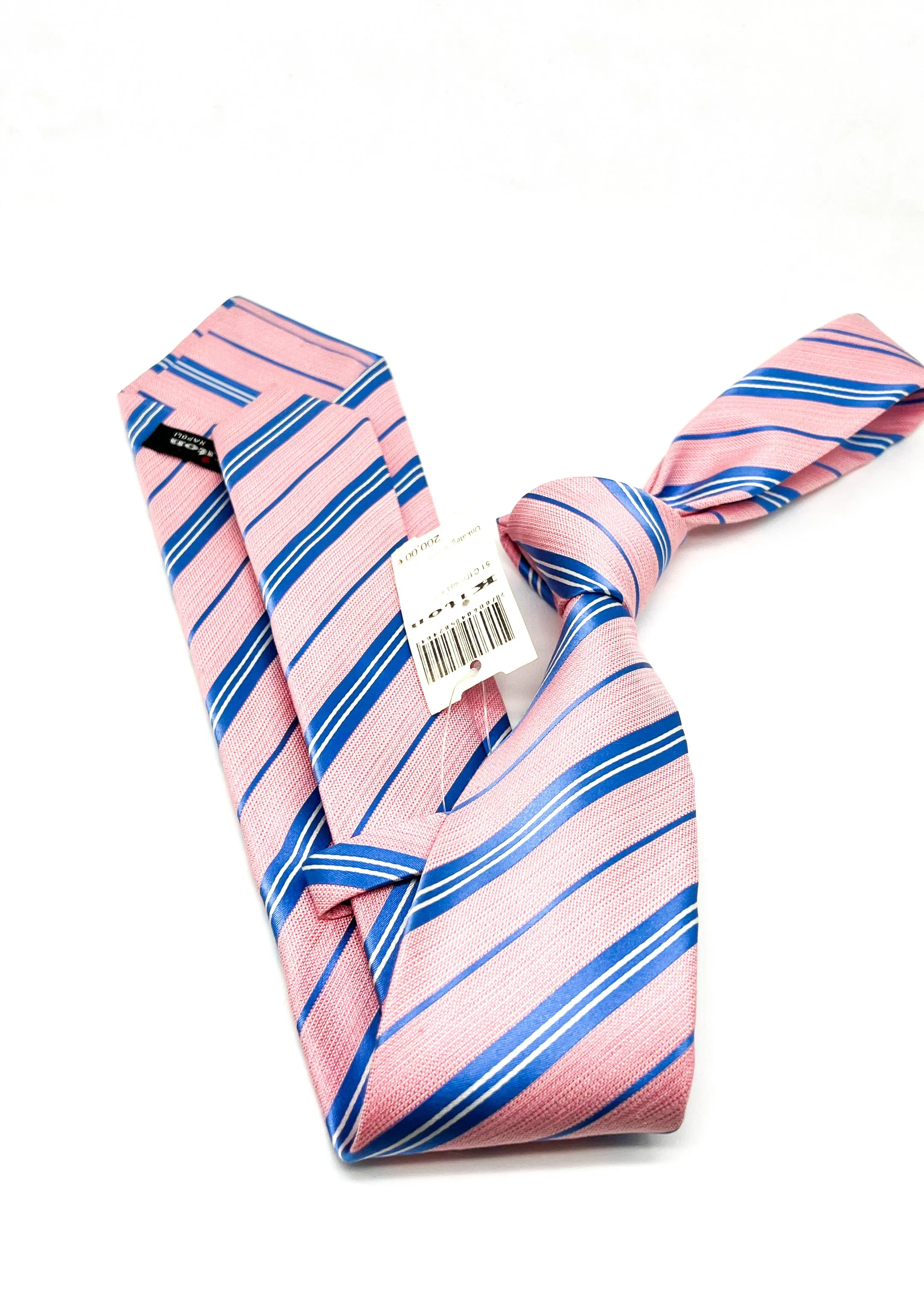 $285 KITON - NAPOLI *LINEN / SILK* Pink & Blue Alternating Stripe 3.25" - Tie
