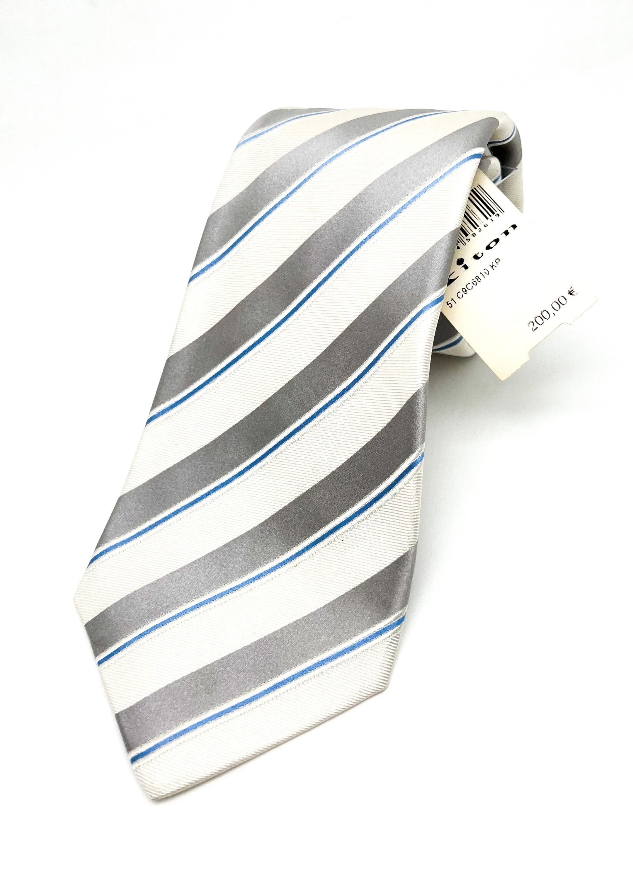 $285 KITON - NAPOLI *SILK / COTTON* Ivory & Blue Alternating Stripe 3.25" - Tie