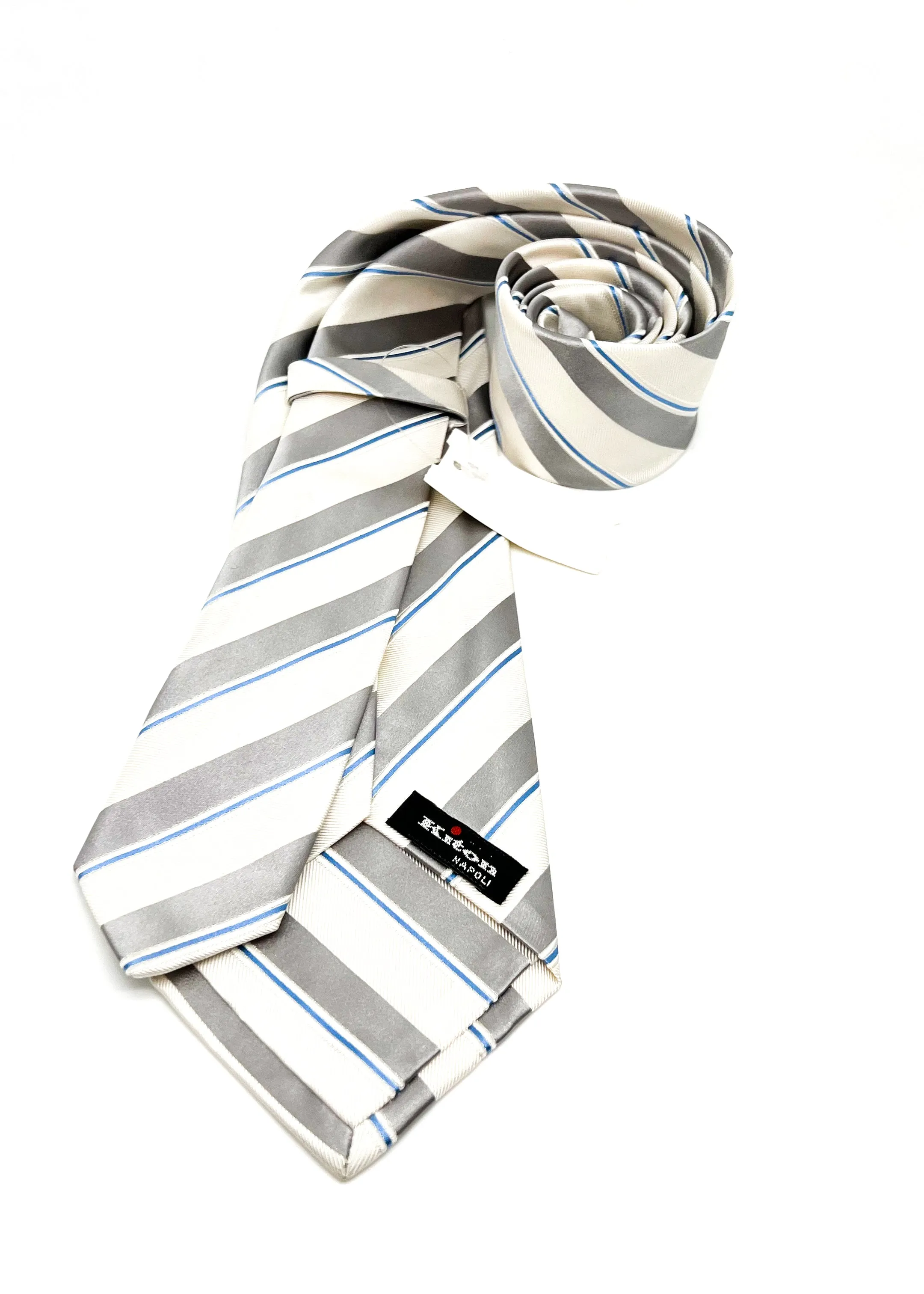 $285 KITON - NAPOLI *SILK / COTTON* Ivory & Blue Alternating Stripe 3.25" - Tie