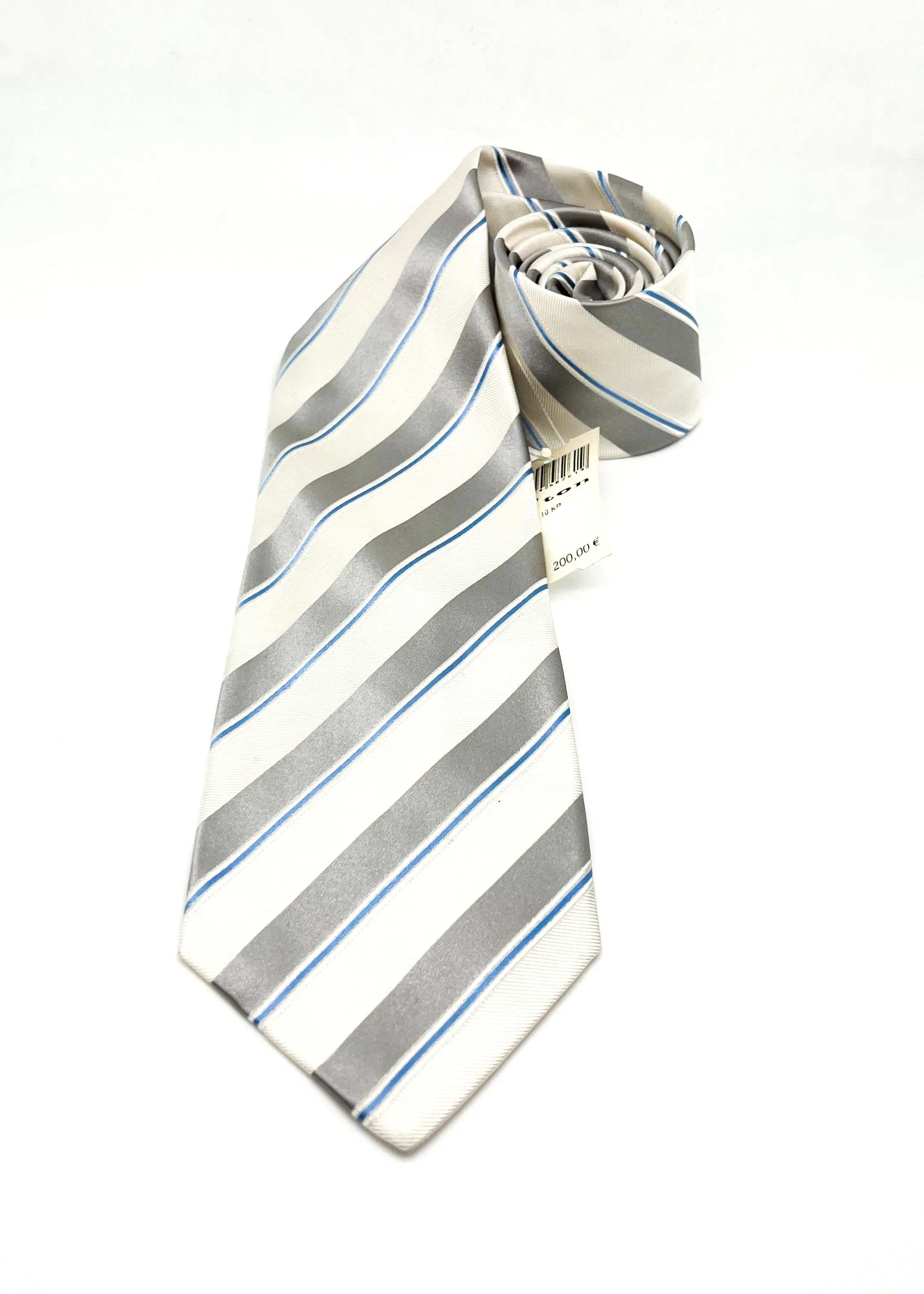 $285 KITON - NAPOLI *SILK / COTTON* Ivory & Blue Alternating Stripe 3.25" - Tie