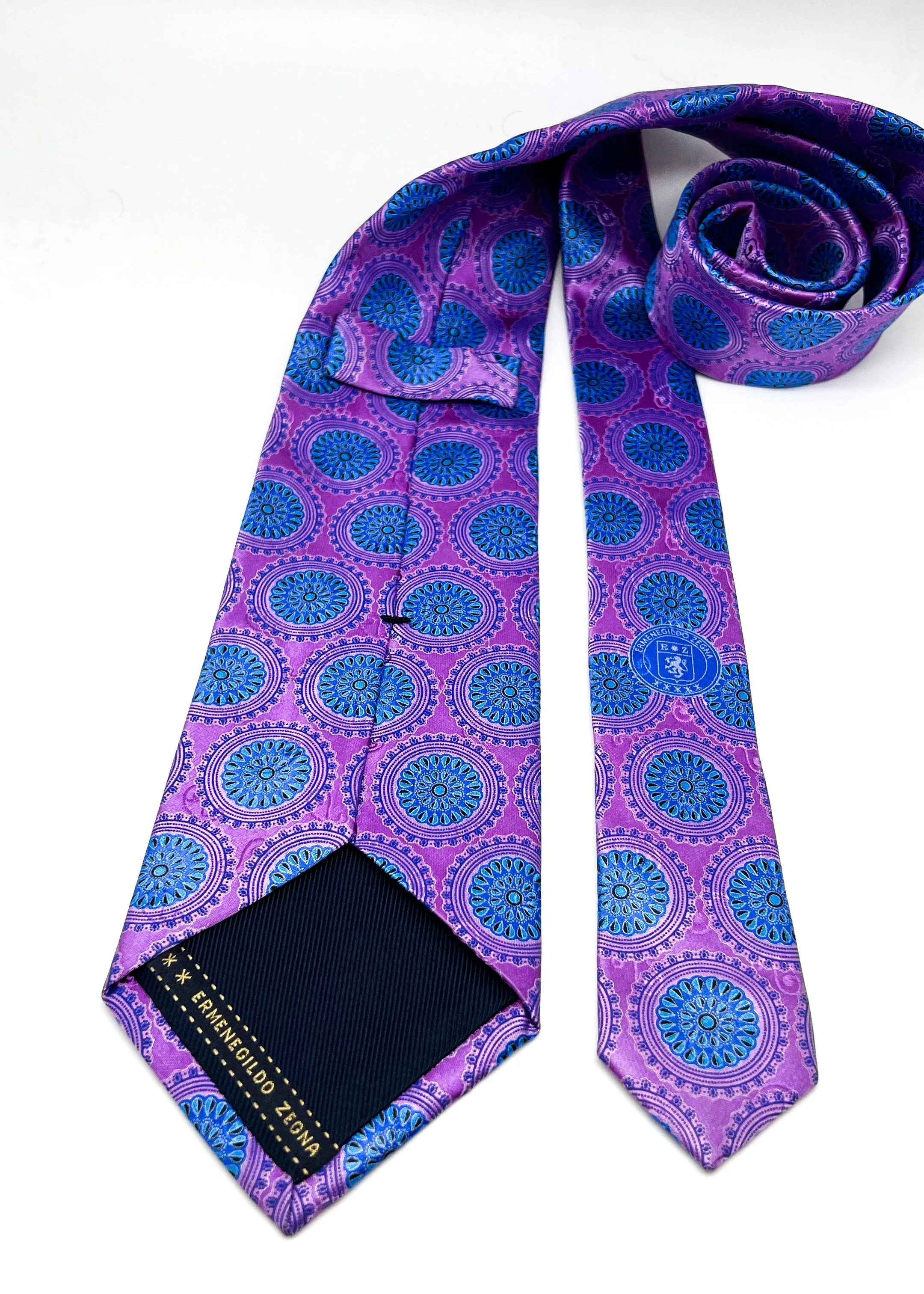 $295 ERMENEGILDO ZEGNA - Flower Medallion Bright Purple & Blue LOGO - Tie