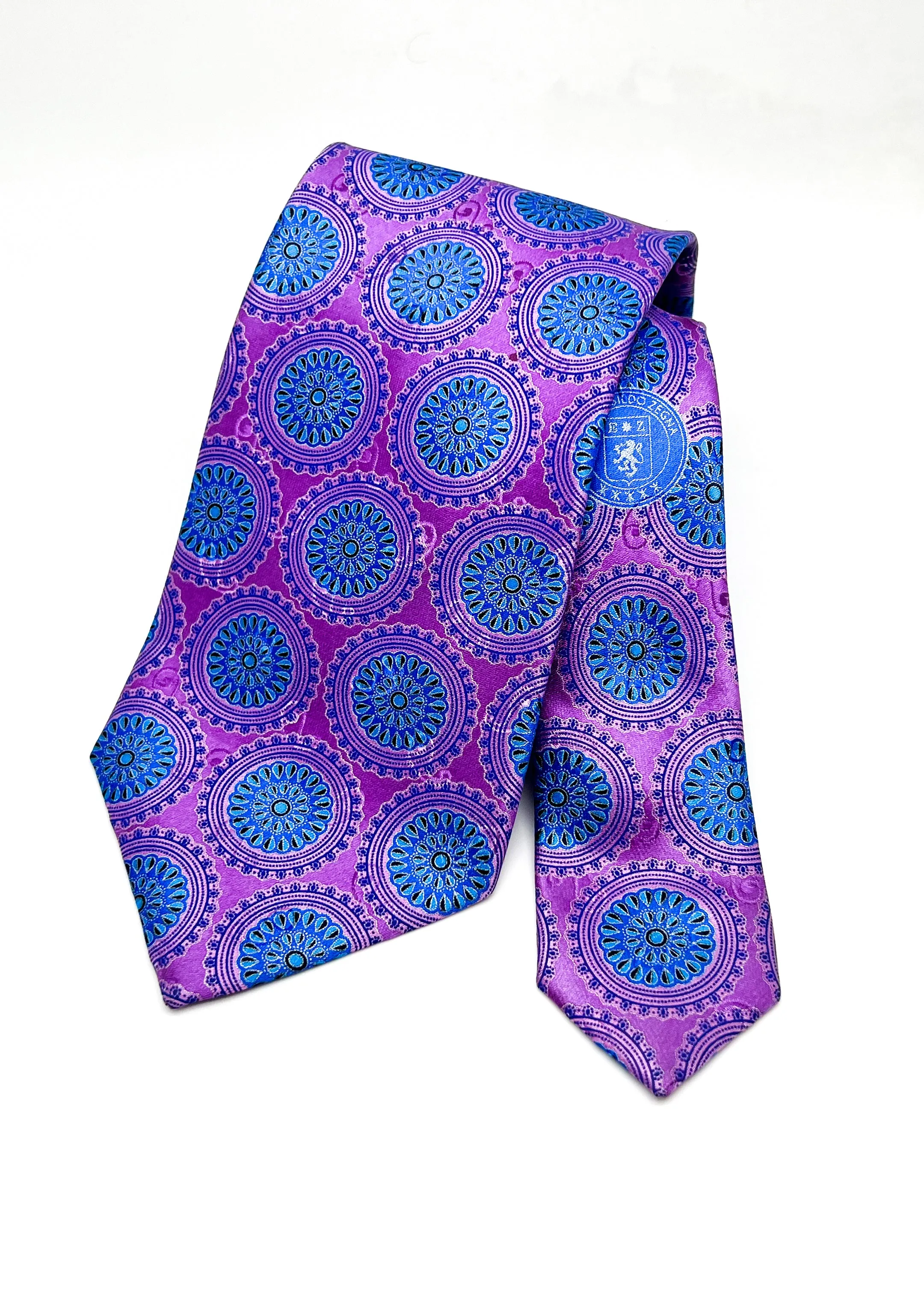 $295 ERMENEGILDO ZEGNA - Flower Medallion Bright Purple & Blue LOGO - Tie