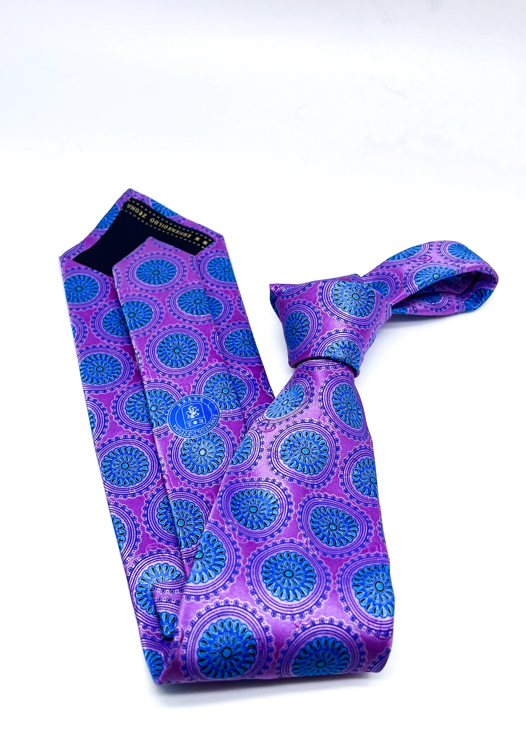 $295 ERMENEGILDO ZEGNA - Flower Medallion Bright Purple & Blue LOGO - Tie
