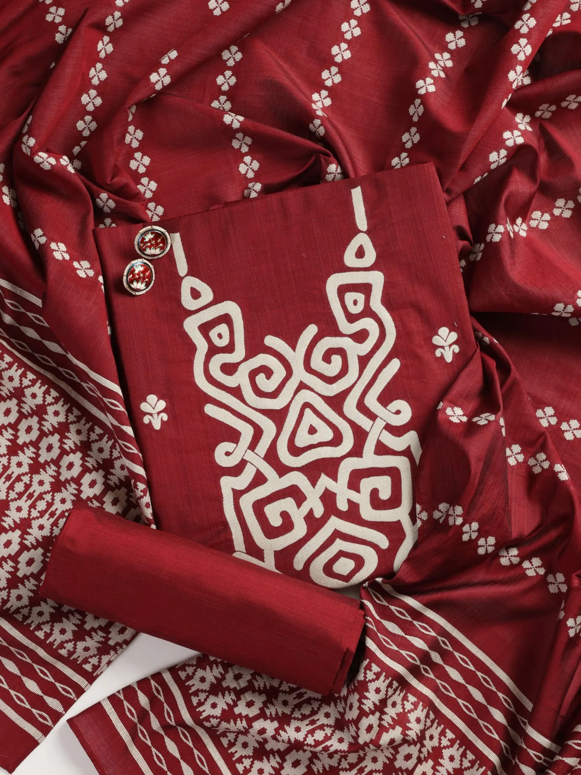 3 pc Unstitched Suit SET - Maroon Cotton Silk Jacquard Kurta with Heavy Dupatta and Pyjama