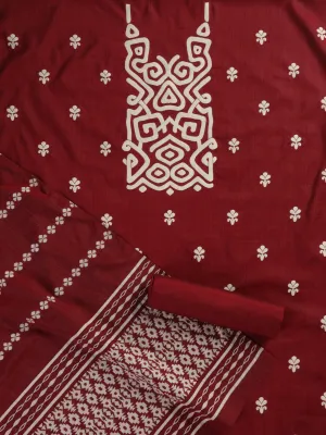 3 pc Unstitched Suit SET - Maroon Cotton Silk Jacquard Kurta with Heavy Dupatta and Pyjama