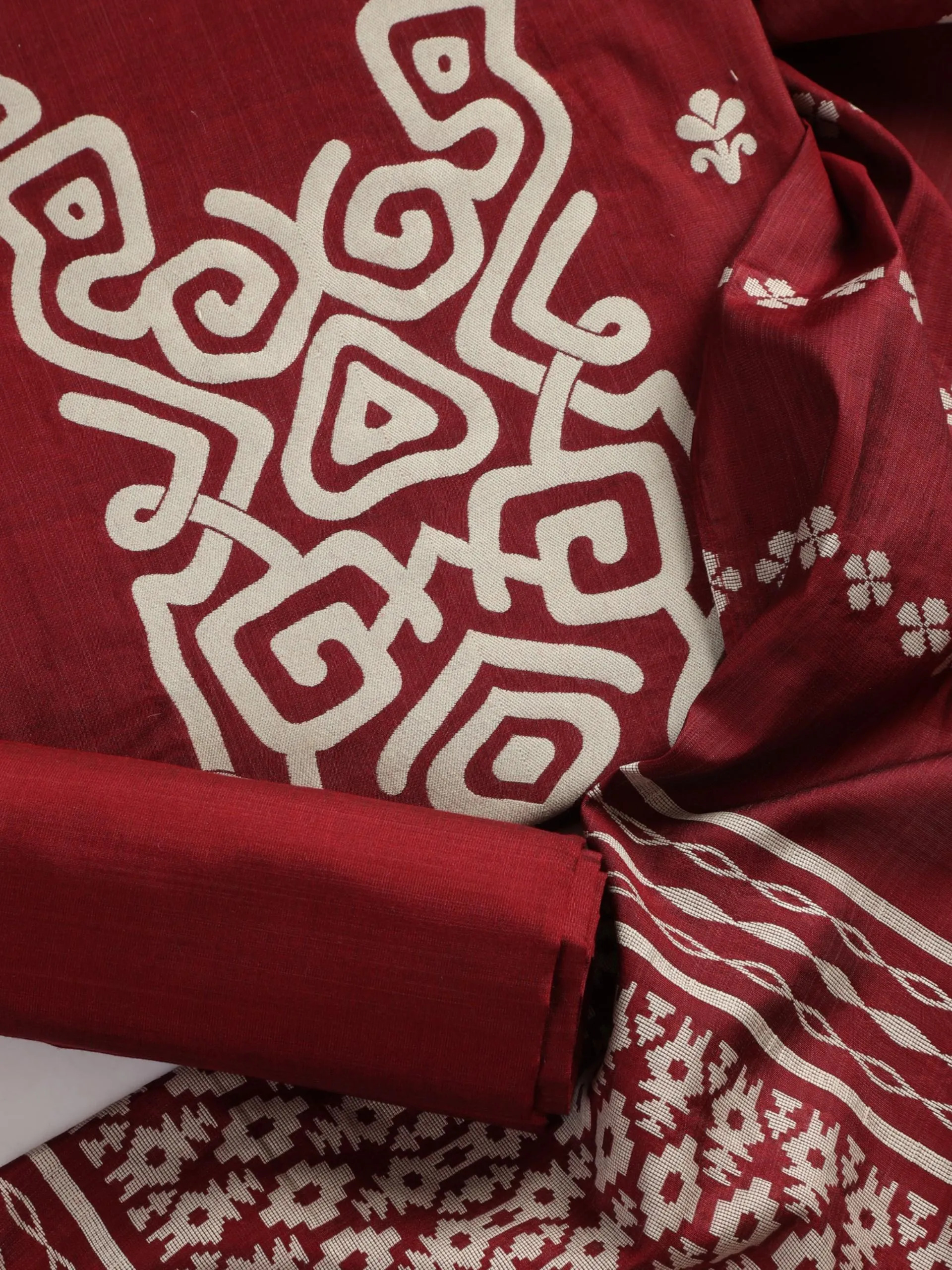 3 pc Unstitched Suit SET - Maroon Cotton Silk Jacquard Kurta with Heavy Dupatta and Pyjama