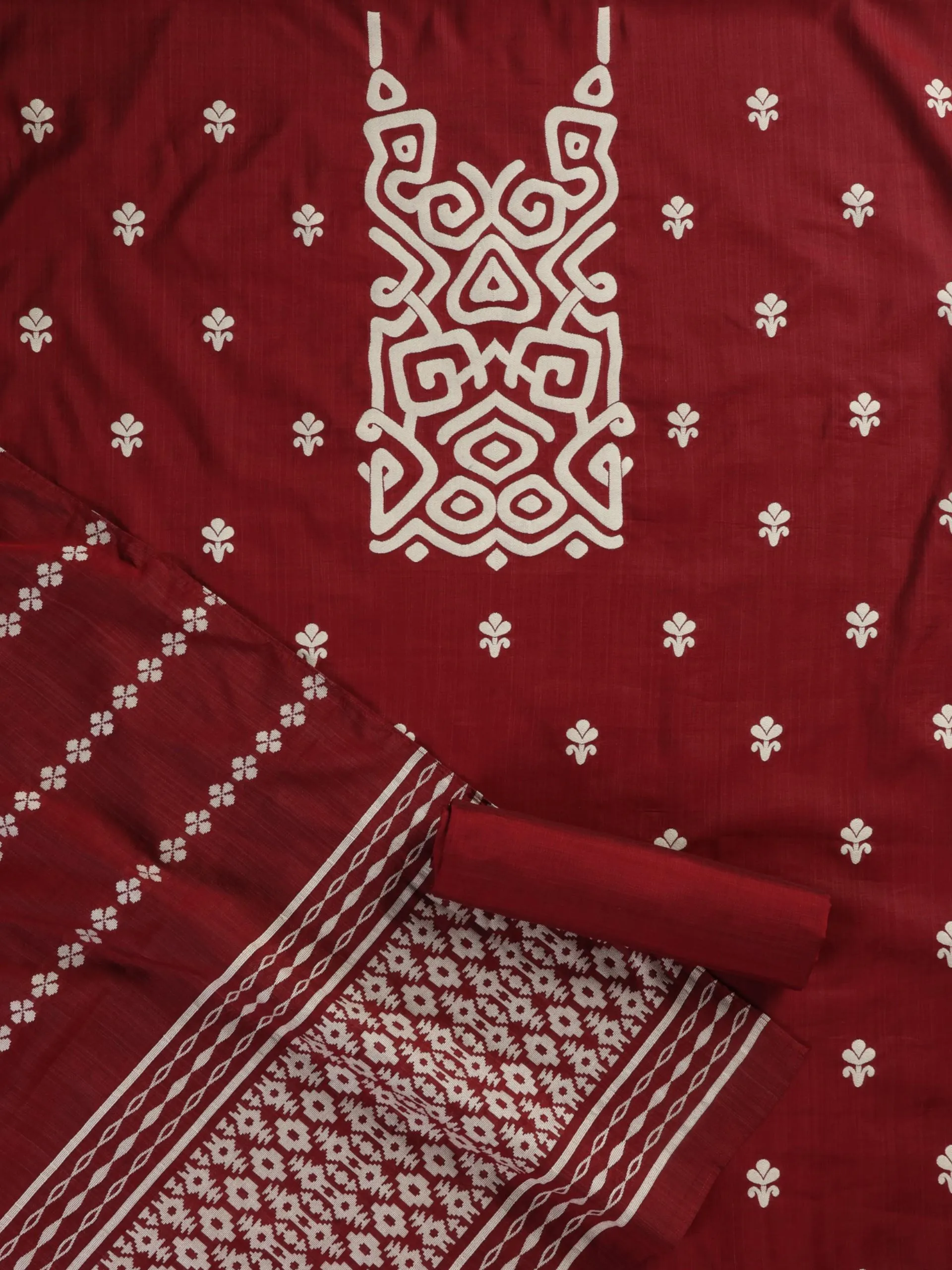 3 pc Unstitched Suit SET - Maroon Cotton Silk Jacquard Kurta with Heavy Dupatta and Pyjama