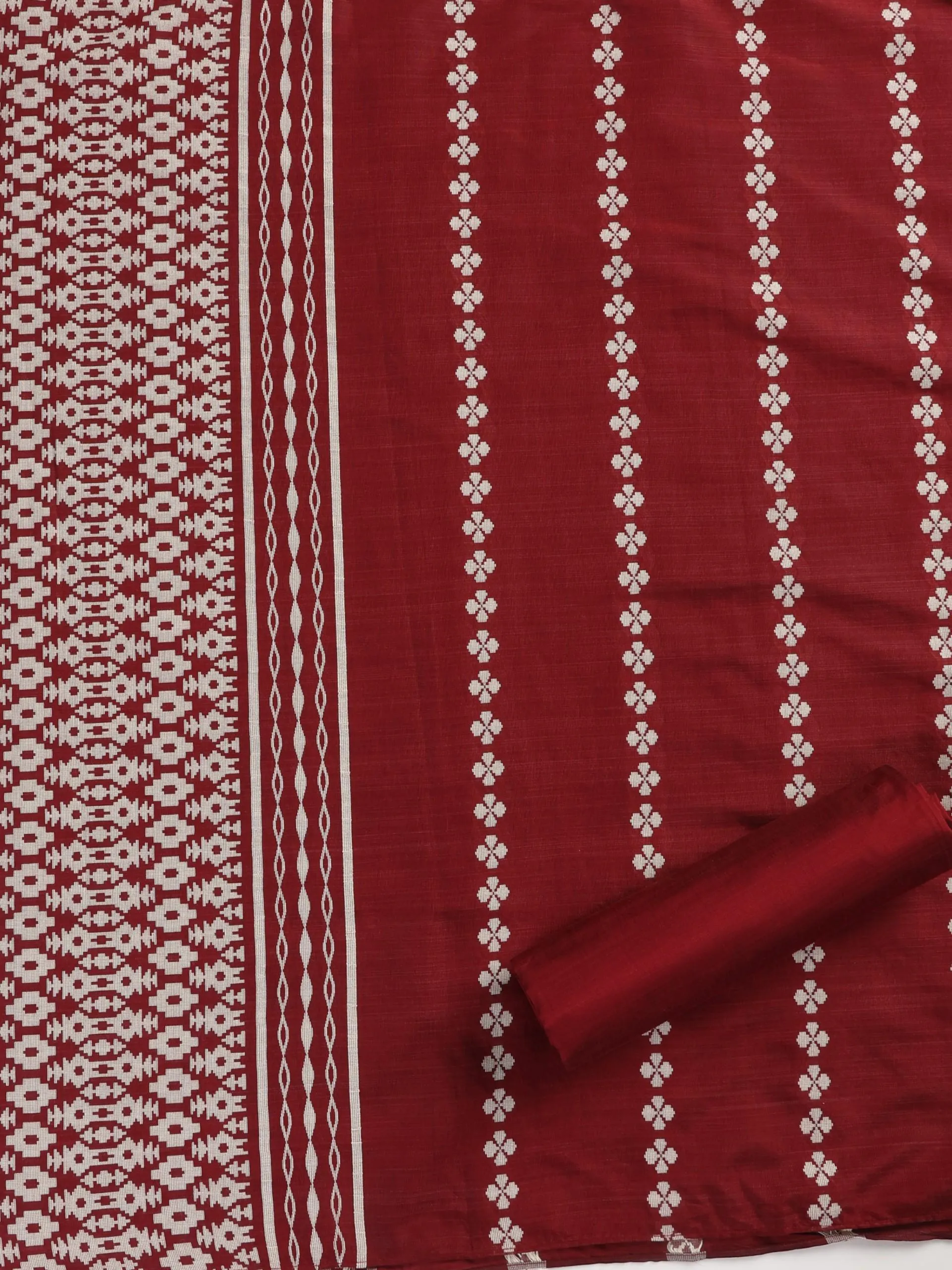 3 pc Unstitched Suit SET - Maroon Cotton Silk Jacquard Kurta with Heavy Dupatta and Pyjama