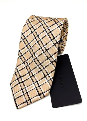 $320 PRADA - Camel & White Check Plaid Unique 2.75" - Tie
