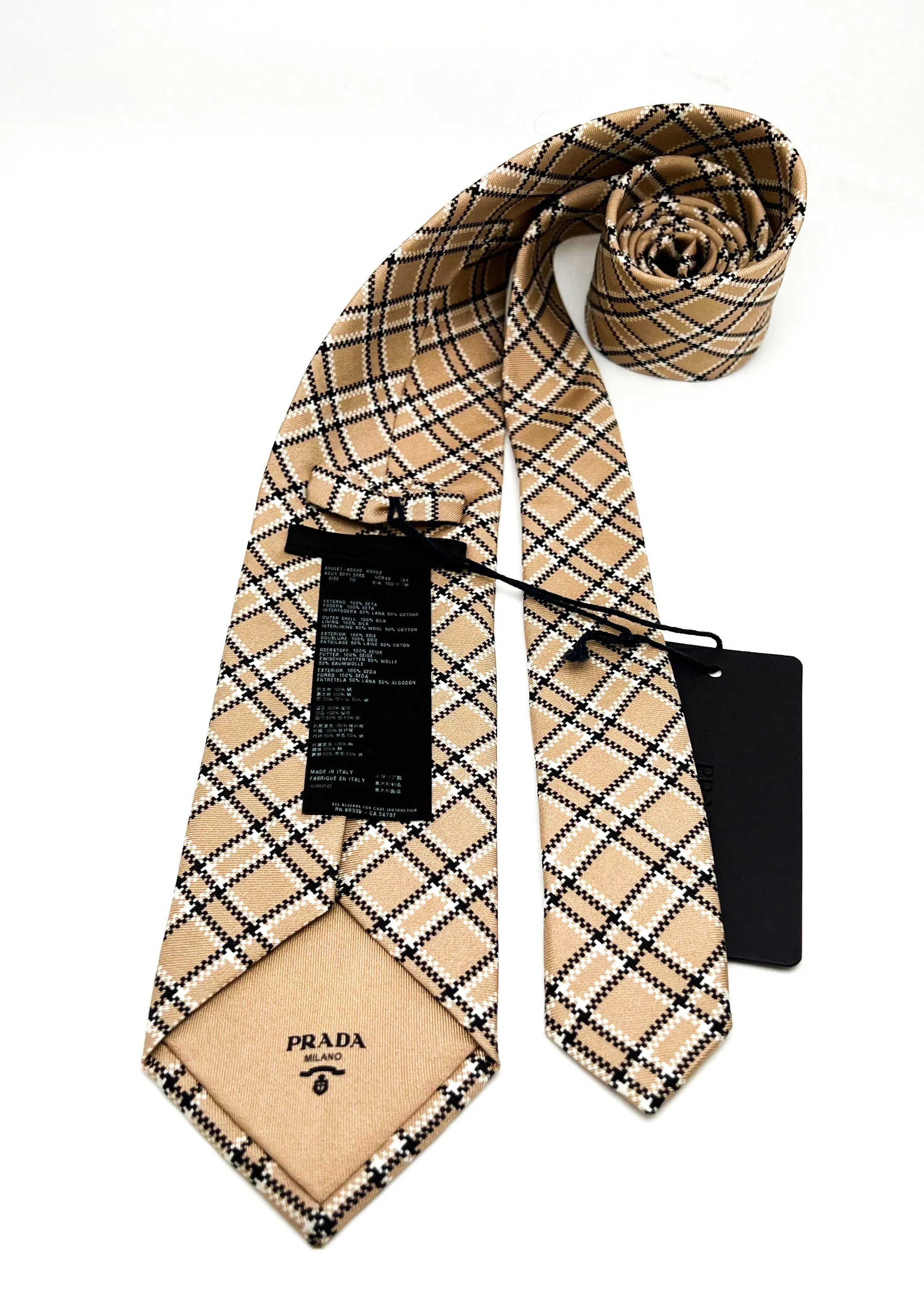$320 PRADA - Camel & White Check Plaid Unique 2.75" - Tie