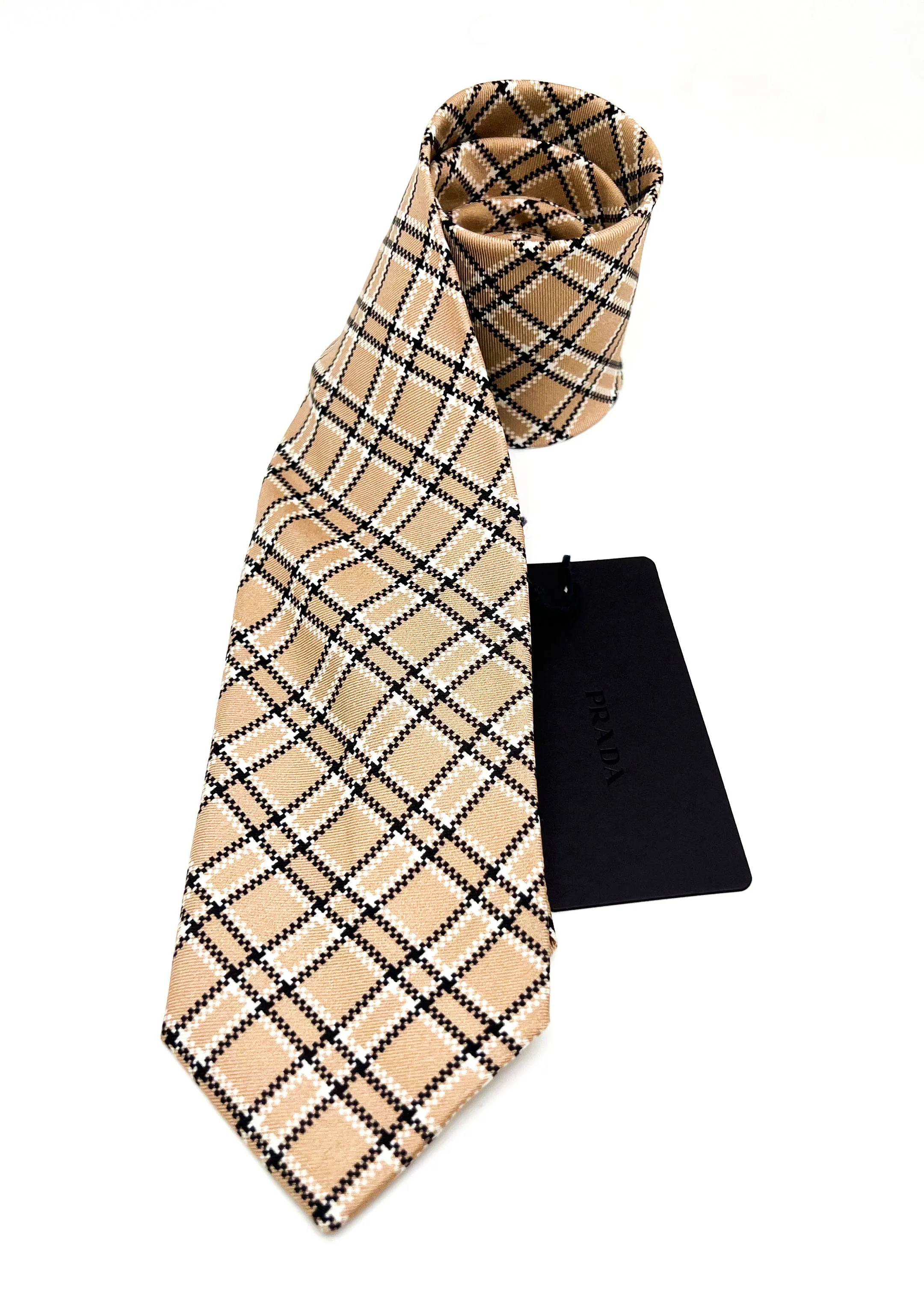 $320 PRADA - Camel & White Check Plaid Unique 2.75" - Tie