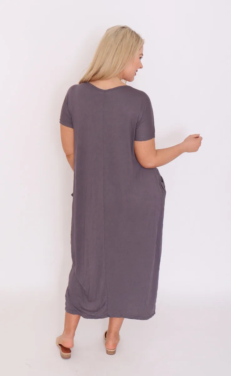 7643 V-neck Pockets Cotton Dress