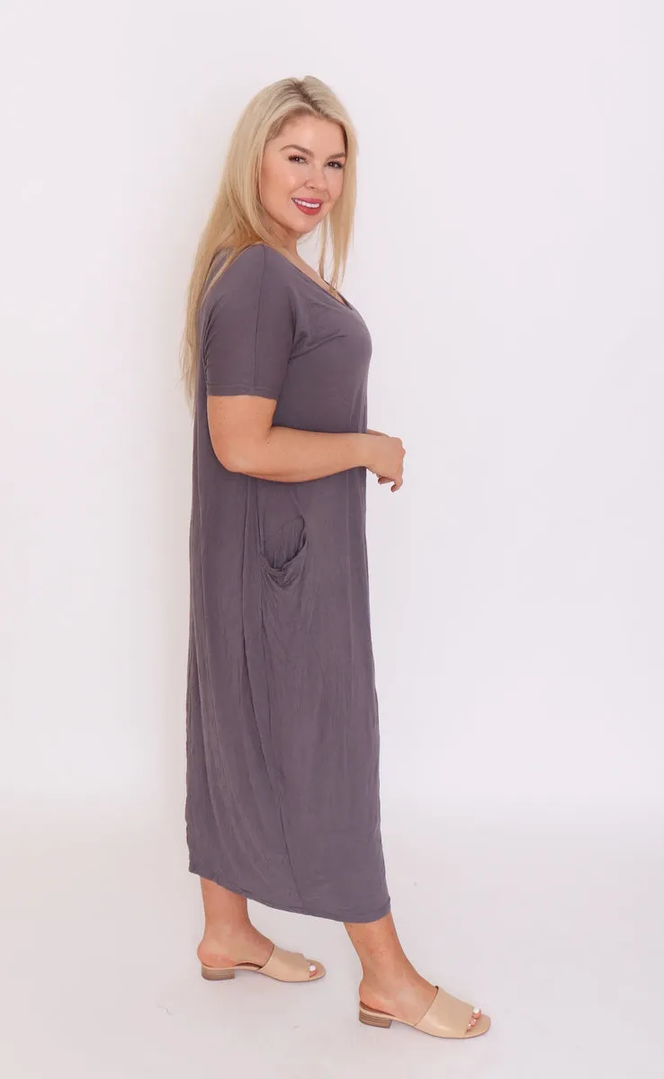 7643 V-neck Pockets Cotton Dress