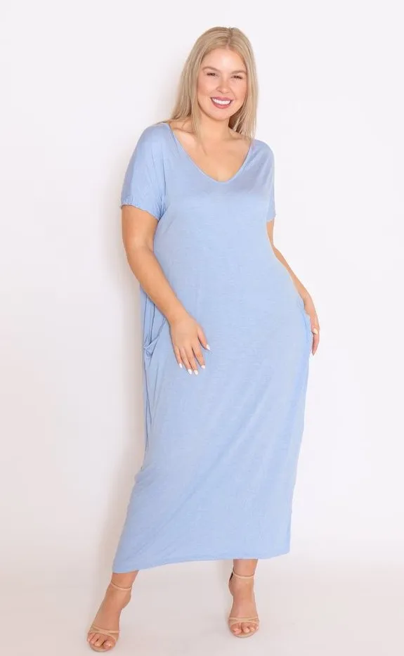 7643 V-neck Pockets Cotton Dress
