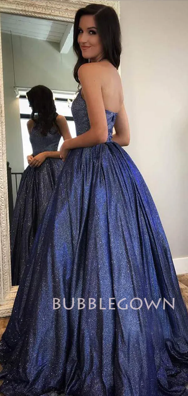 A-Line Backless Navy Blue Sparkle Long Evening Prom Dresses, Cheap Custom Prom Dresses,MR7320