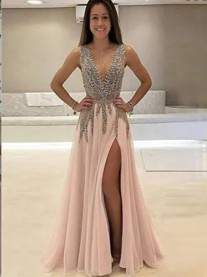A-Line Deep V-Neck Sleeveless  Beaded Pink Tulle Prom Dress,Cheap Prom Dress,PDY0391
