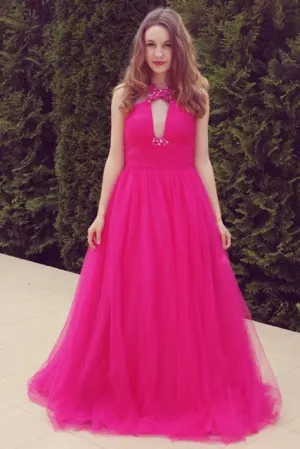 A-line V-neck Wide Strap Floor Length Tulle Beaded Rhinestone Prom Dress