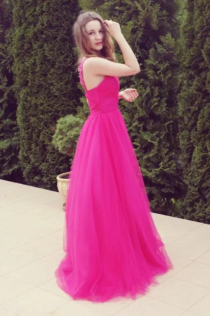 A-line V-neck Wide Strap Floor Length Tulle Beaded Rhinestone Prom Dress