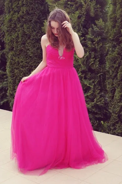 A-line V-neck Wide Strap Floor Length Tulle Beaded Rhinestone Prom Dress