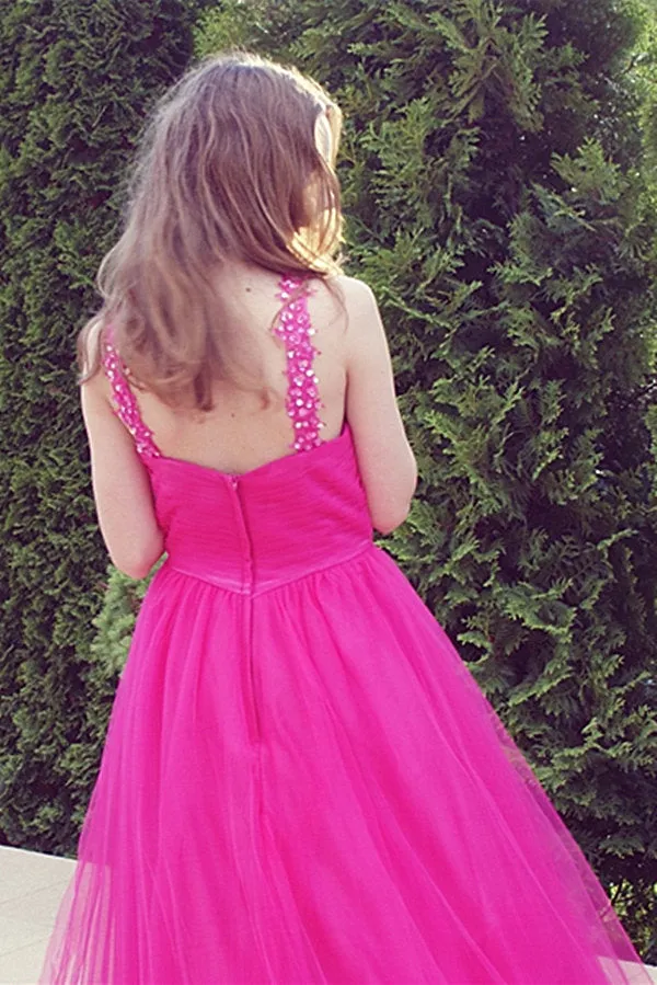 A-line V-neck Wide Strap Floor Length Tulle Beaded Rhinestone Prom Dress