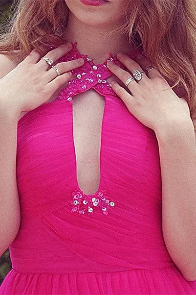 A-line V-neck Wide Strap Floor Length Tulle Beaded Rhinestone Prom Dress