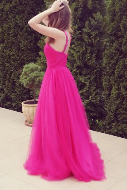 A-line V-neck Wide Strap Floor Length Tulle Beaded Rhinestone Prom Dress