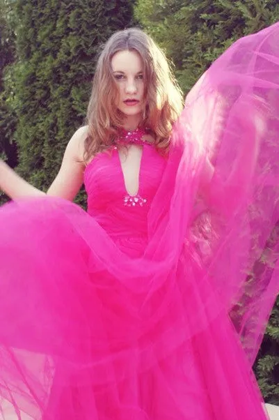 A-line V-neck Wide Strap Floor Length Tulle Beaded Rhinestone Prom Dress