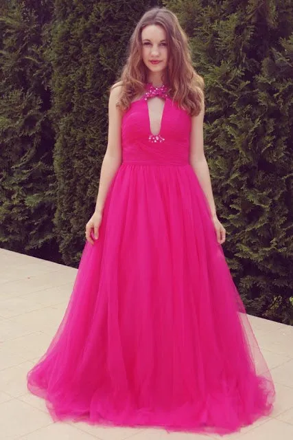 A-line V-neck Wide Strap Floor Length Tulle Beaded Rhinestone Prom Dress