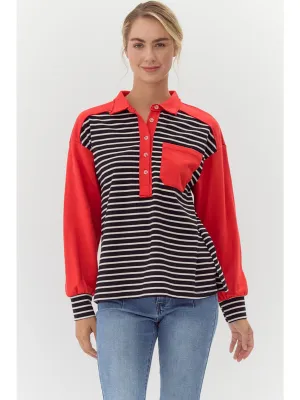Addison Colorblock Striped Knit Henley - Red & Black