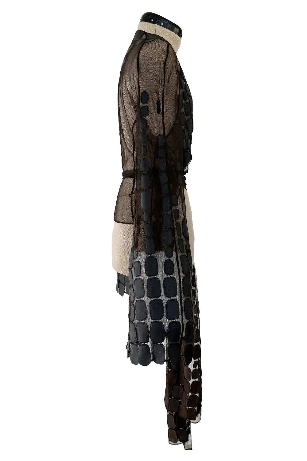 Amazing Spring 2001 Thierry Mugler Couture Runway Brown  Silk Net Wrap Top w Leather Detailing