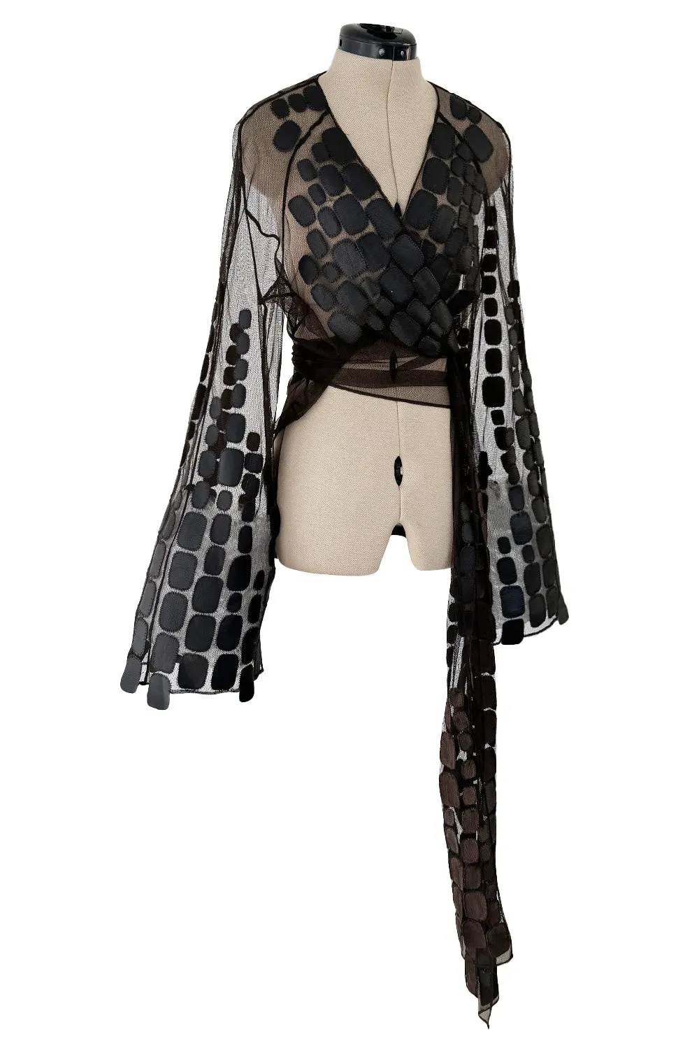 Amazing Spring 2001 Thierry Mugler Couture Runway Brown  Silk Net Wrap Top w Leather Detailing