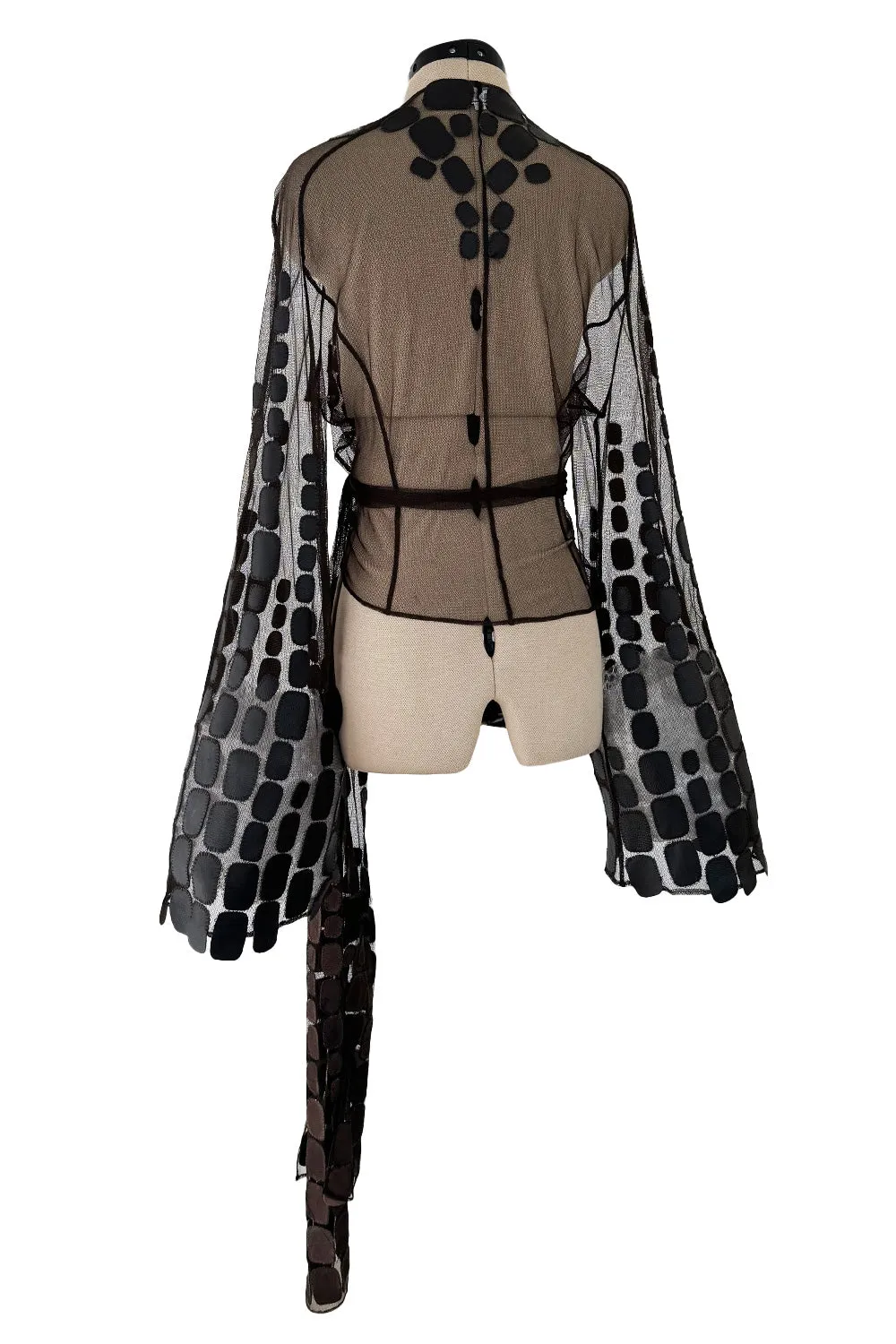 Amazing Spring 2001 Thierry Mugler Couture Runway Brown  Silk Net Wrap Top w Leather Detailing