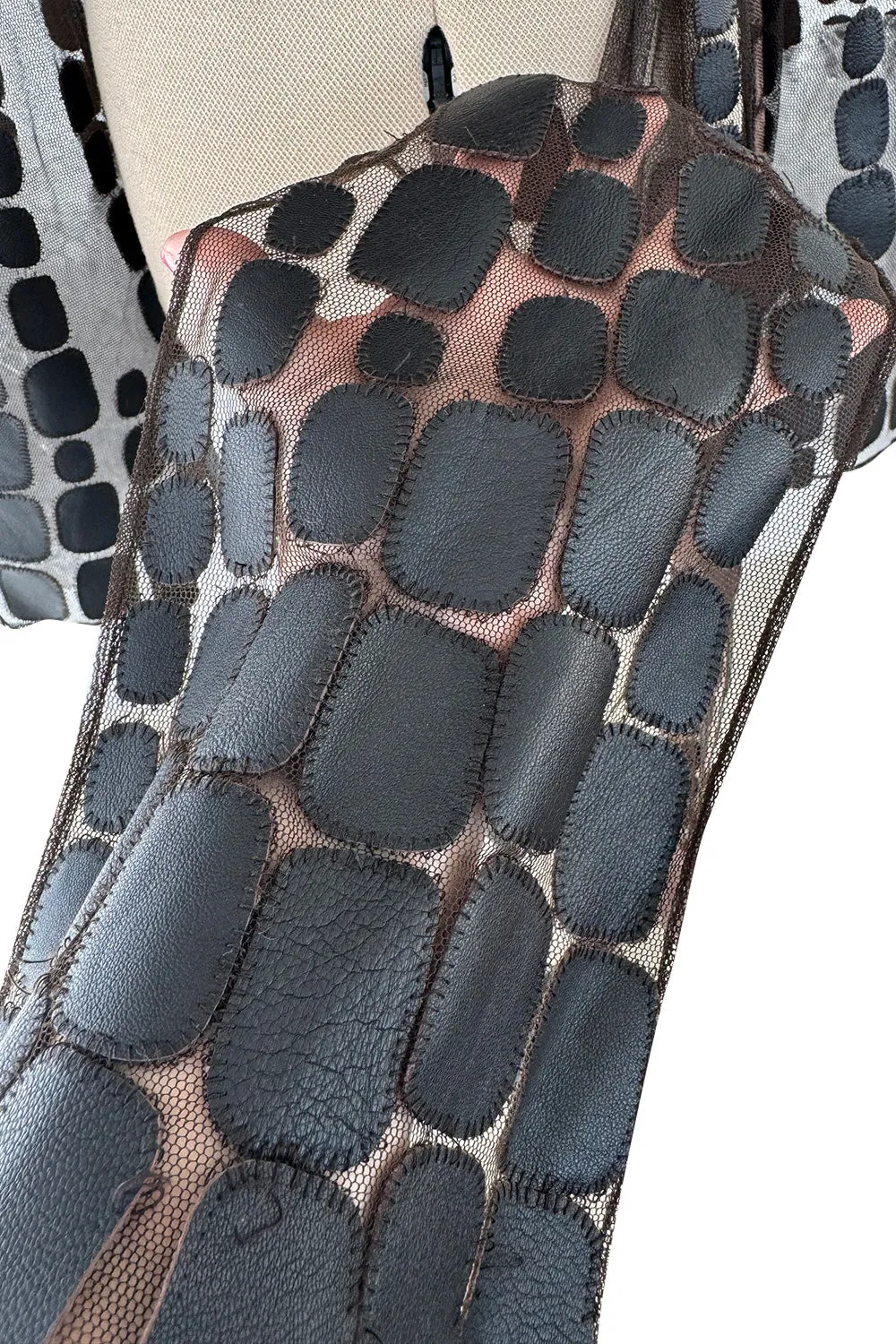 Amazing Spring 2001 Thierry Mugler Couture Runway Brown  Silk Net Wrap Top w Leather Detailing