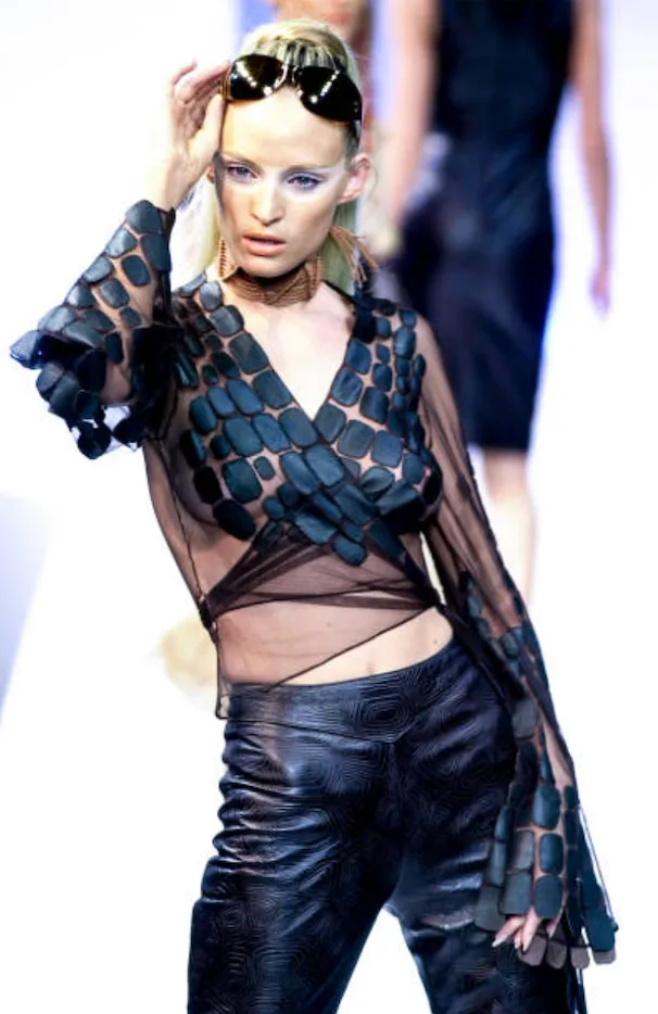 Amazing Spring 2001 Thierry Mugler Couture Runway Brown  Silk Net Wrap Top w Leather Detailing