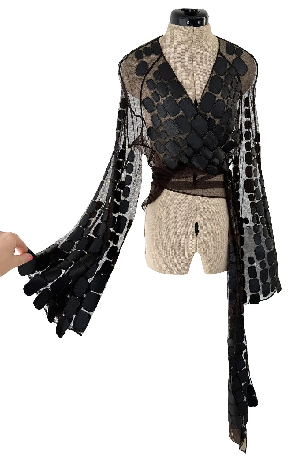 Amazing Spring 2001 Thierry Mugler Couture Runway Brown  Silk Net Wrap Top w Leather Detailing