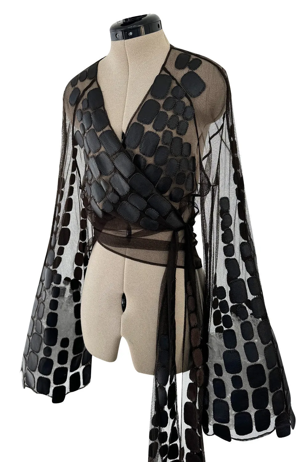 Amazing Spring 2001 Thierry Mugler Couture Runway Brown  Silk Net Wrap Top w Leather Detailing