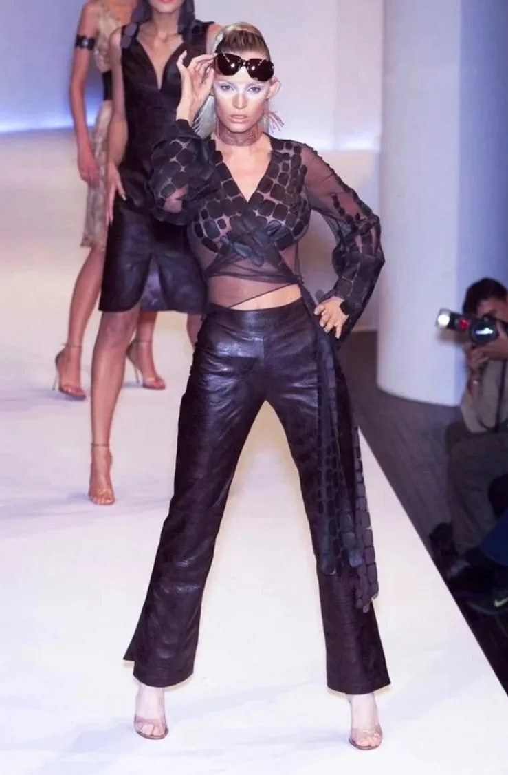Amazing Spring 2001 Thierry Mugler Couture Runway Brown  Silk Net Wrap Top w Leather Detailing