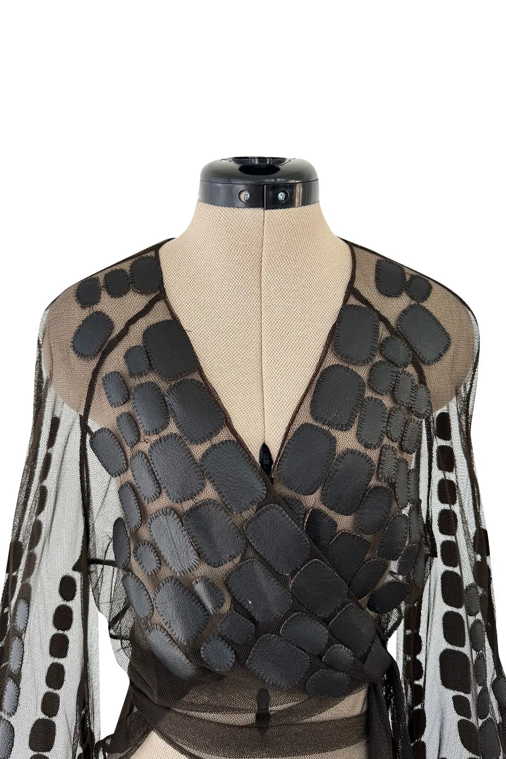 Amazing Spring 2001 Thierry Mugler Couture Runway Brown  Silk Net Wrap Top w Leather Detailing