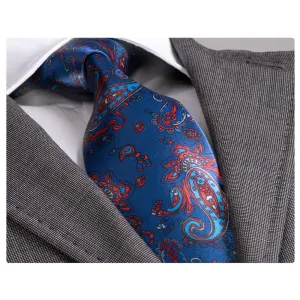 Amedeo Exclusive Men's Fashion Blue Red Paisley Silk Neck Tie With Gift Box