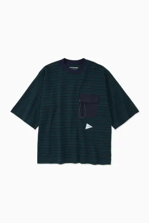 and wander -  Stripe Pocket SS Tee - Green/Navy