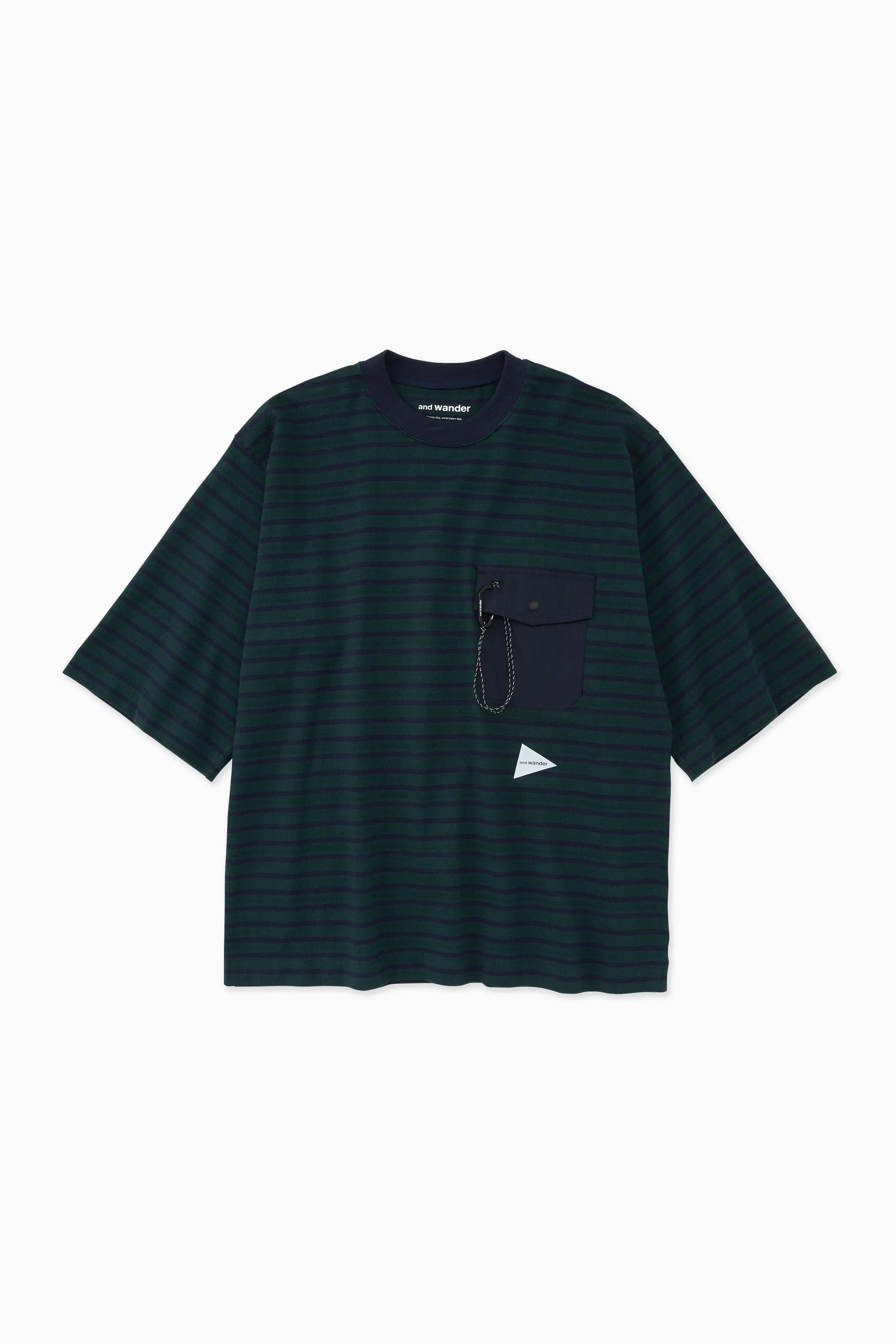 and wander -  Stripe Pocket SS Tee - Green/Navy