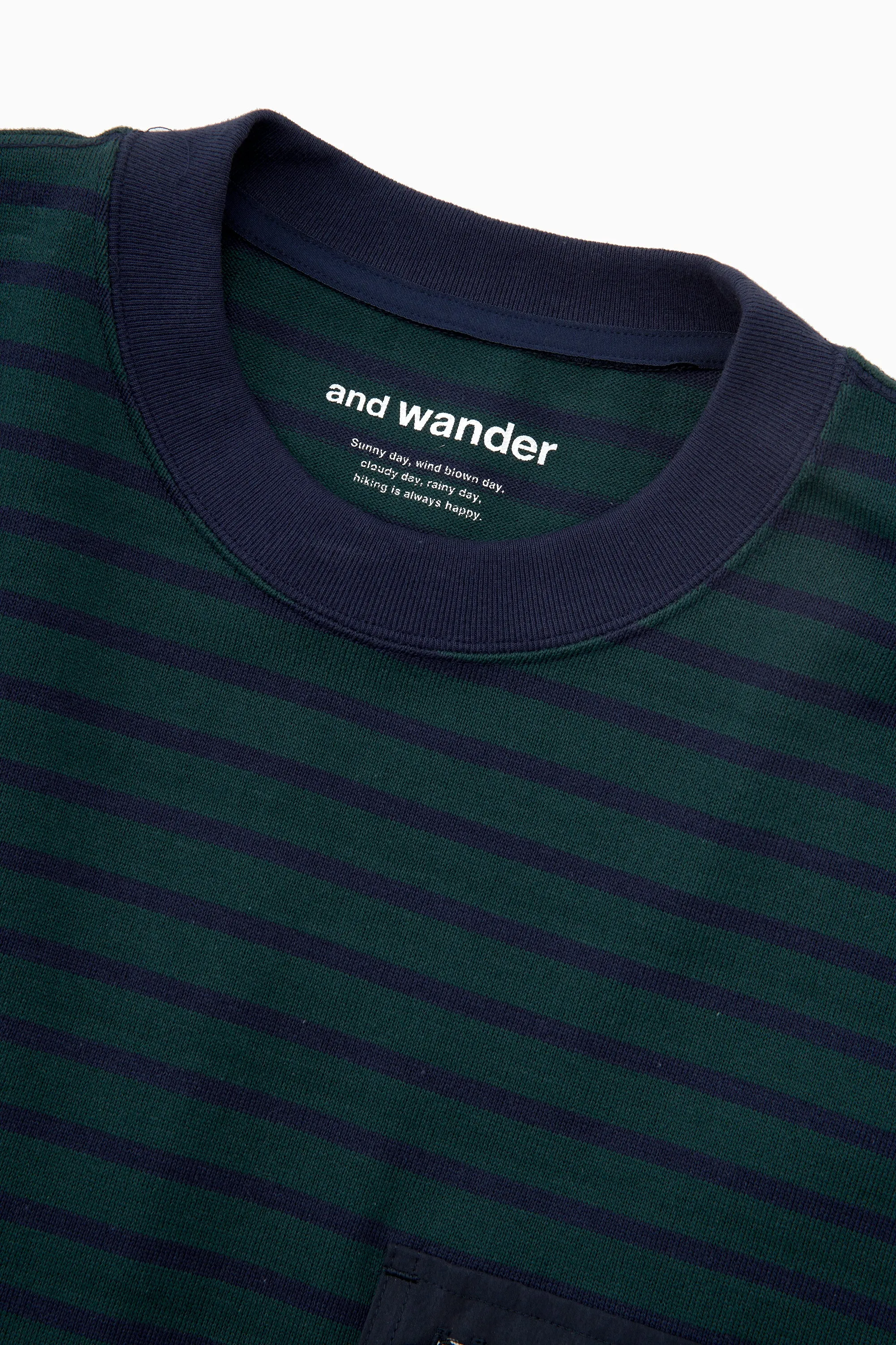 and wander -  Stripe Pocket SS Tee - Green/Navy