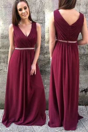 Anneprom A-Line Burgundy Chiffon Prom Dresses Cheap Long Bridesmaid Dresses APB0093