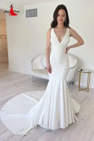 Anneprom Elegant Mermaid Elastic Satin White Long Wedding Dresses with Train APW0337