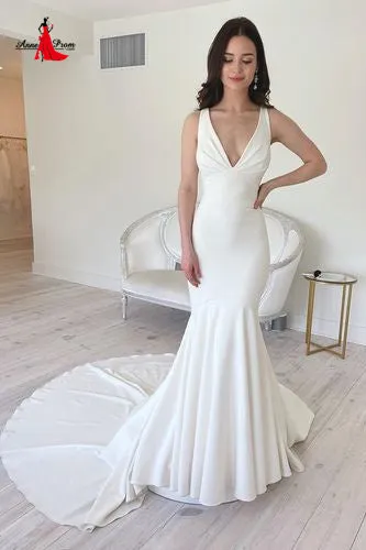 Anneprom Elegant Mermaid Elastic Satin White Long Wedding Dresses with Train APW0337