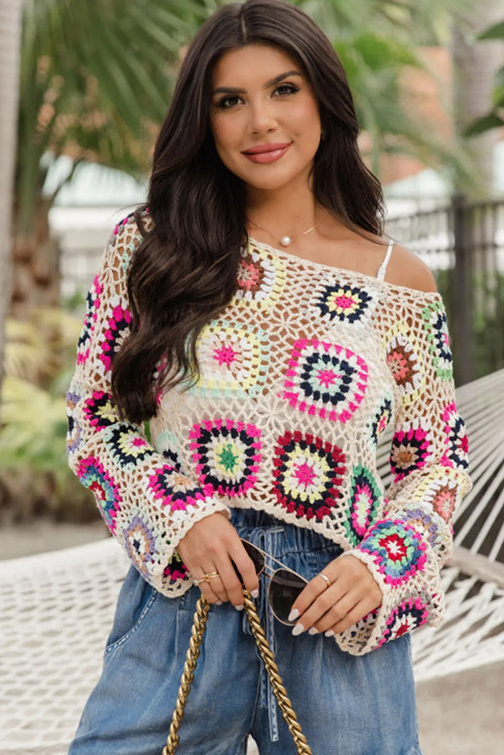 Apricot Boho Crochet Hollow-out Crop Sweater
