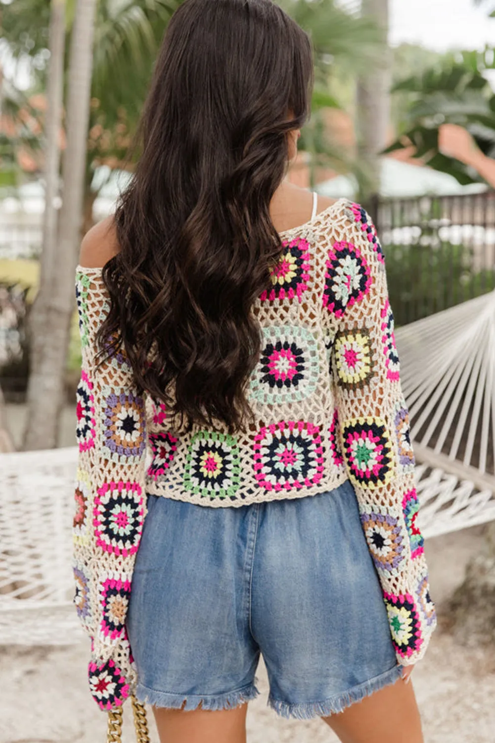 Apricot Boho Crochet Hollow-out Crop Sweater