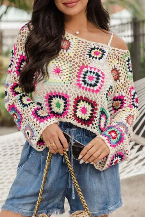 Apricot Boho Crochet Hollow-out Crop Sweater