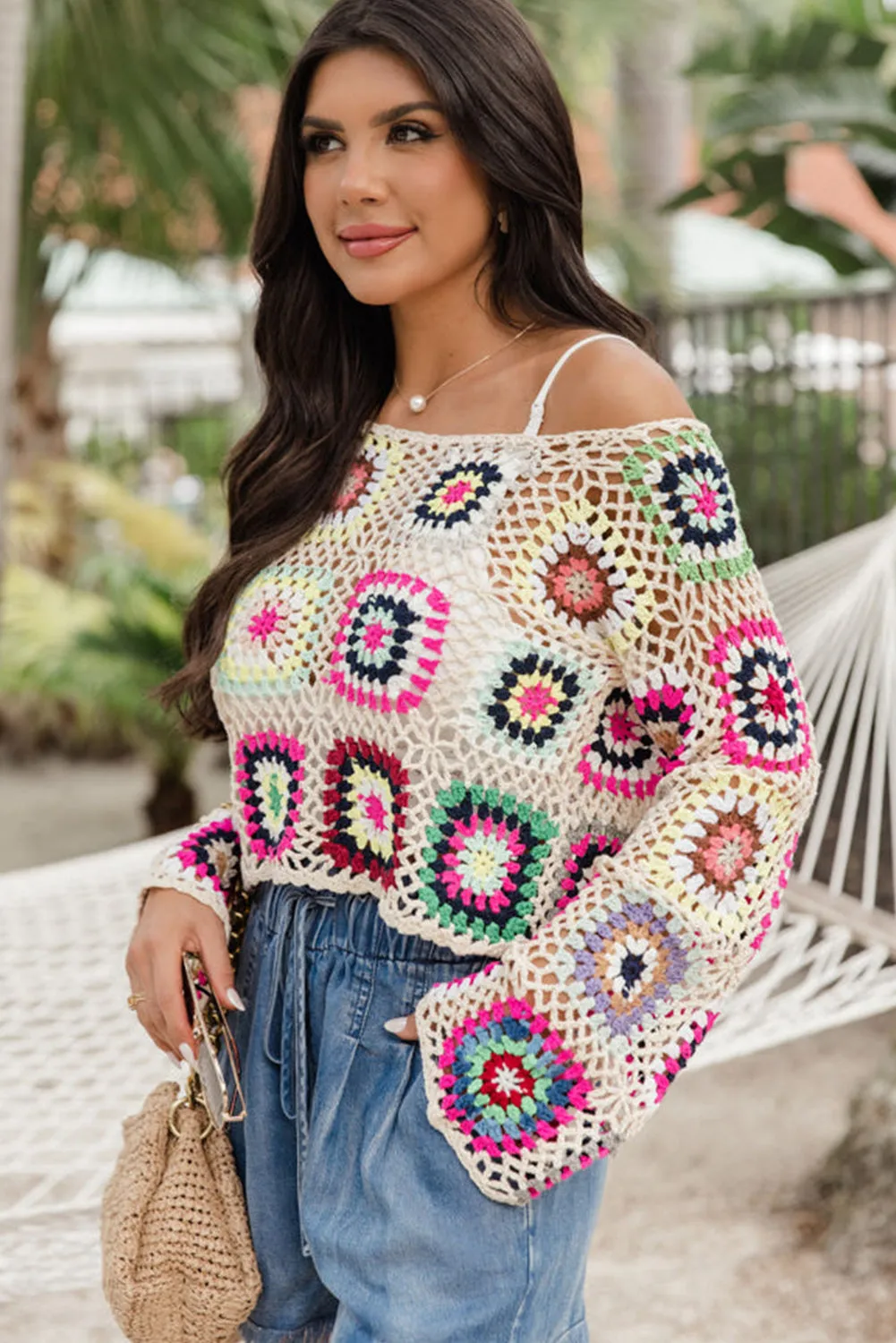 Apricot Boho Crochet Hollow-out Crop Sweater